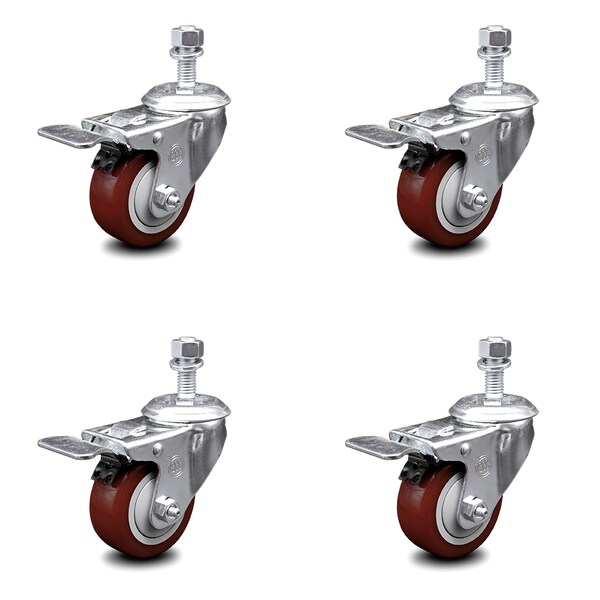 Service Caster 3.5 Inch Maroon Polyurethane Swivel 12mm Stem Caster Set Total Lock Brake SCC-TSTTL20S3514-PPUB-MRN-M1215-4 - main